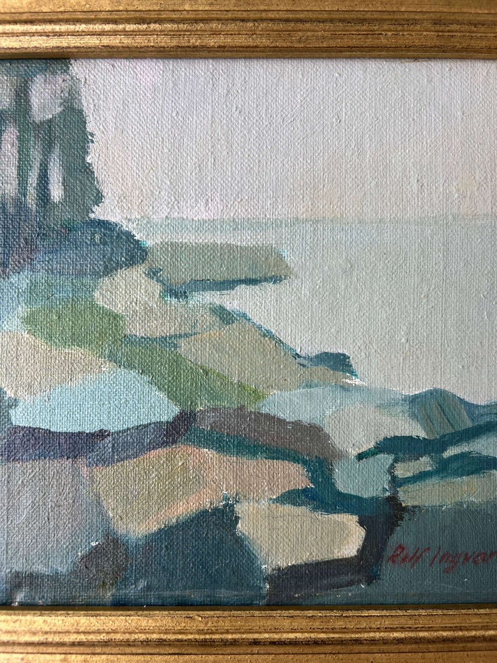 Framed semi-abstract landscape mid-century oil painting of a coastline.