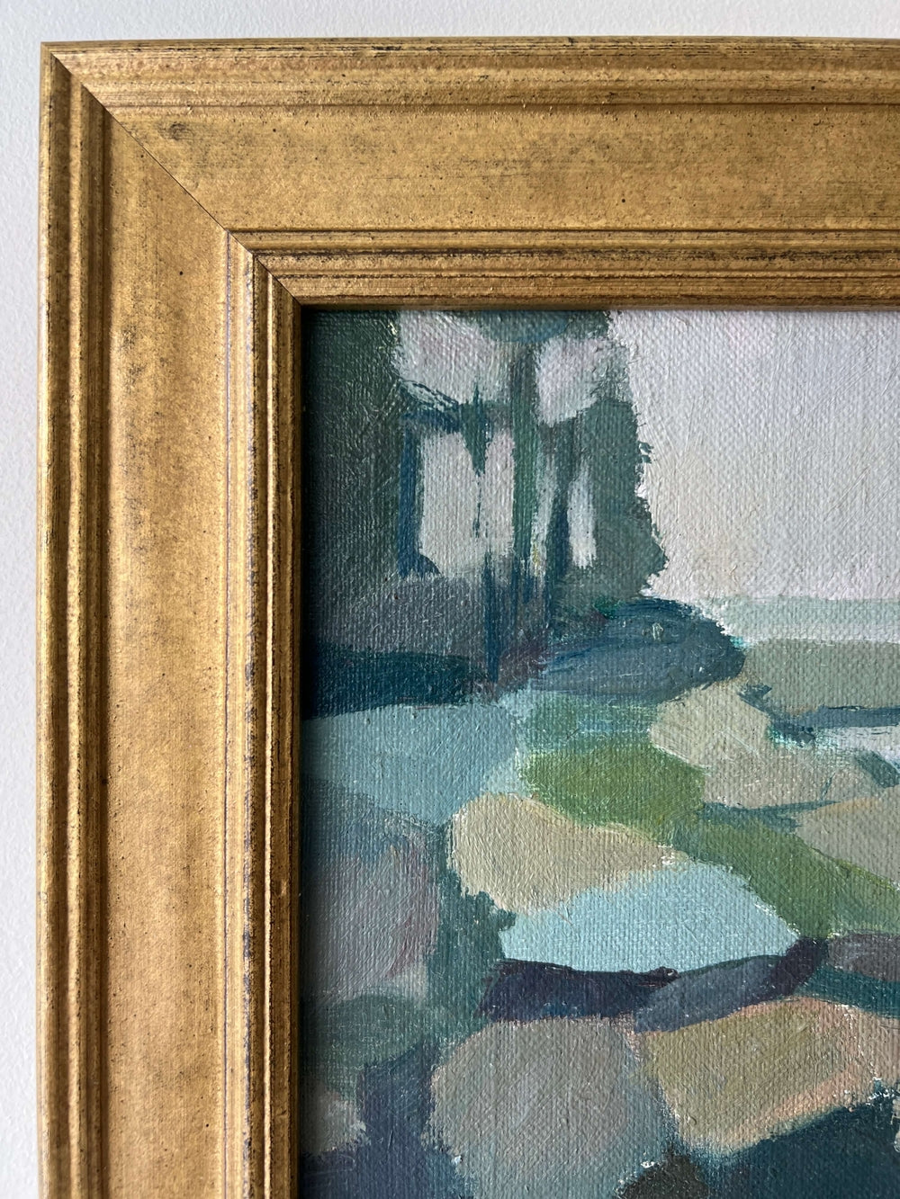 Framed semi-abstract landscape mid-century oil painting of a coastline.