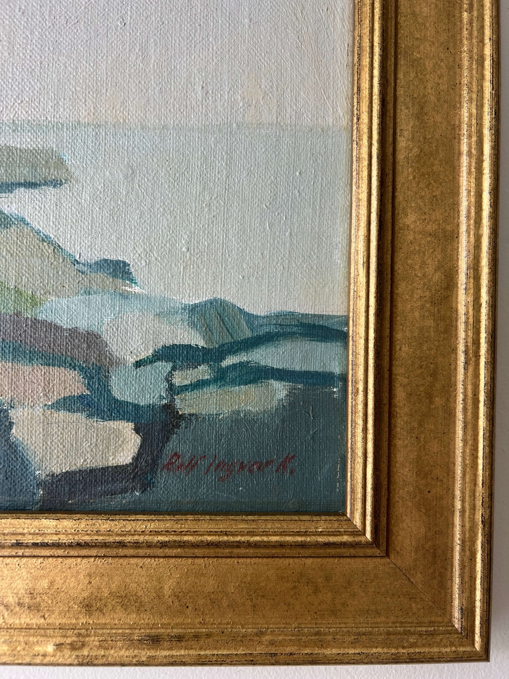 Framed semi-abstract landscape mid-century oil painting of a coastline.
