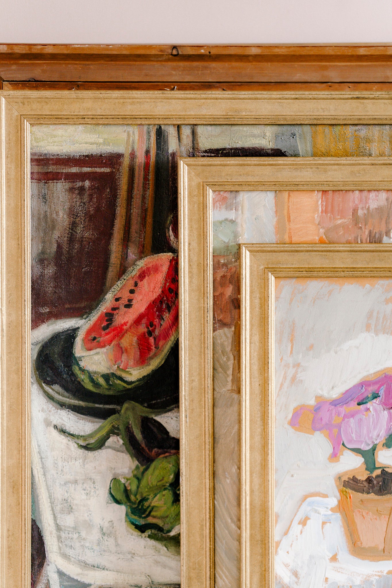 Framed still life vintage painting with watermelon and flowers.