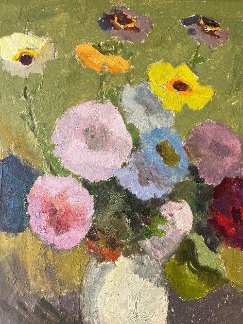 Close up of a framed, vintage, Swedish oil painting of a still life with flowers. Impressionist art. 