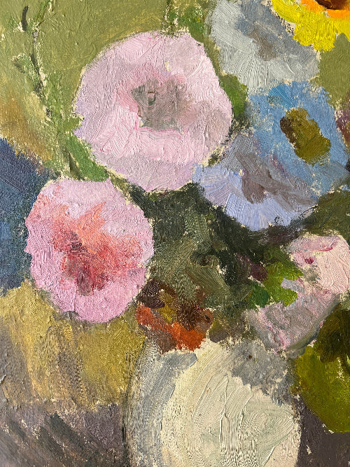 Close up of a framed, vintage, Swedish oil painting of a still life with flowers. Impressionist art. 