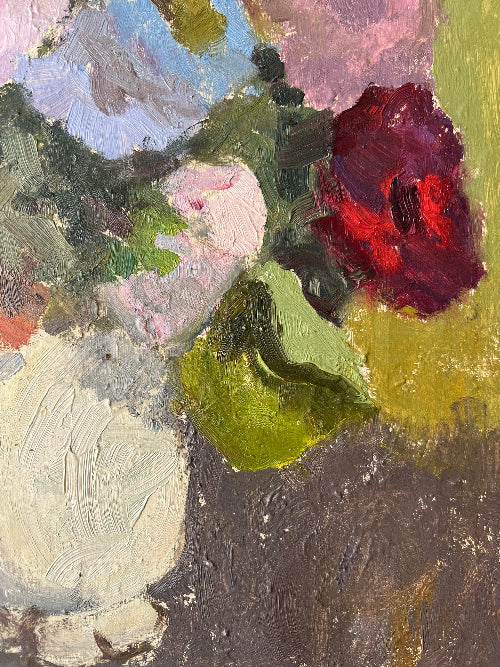 Close up of a framed, vintage, Swedish oil painting of a still life with flowers. Impressionist art. 