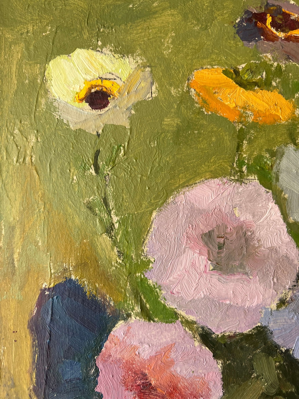 Close up of a framed, vintage, Swedish oil painting of a still life with flowers. Impressionist art. 