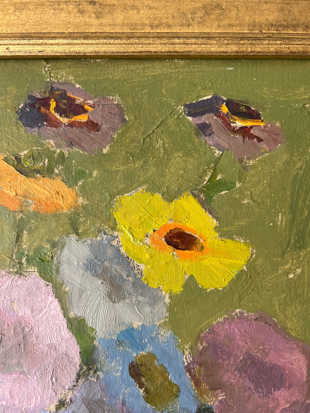 Close up of a framed, vintage, Swedish oil painting of a still life with flowers. Impressionist art. 