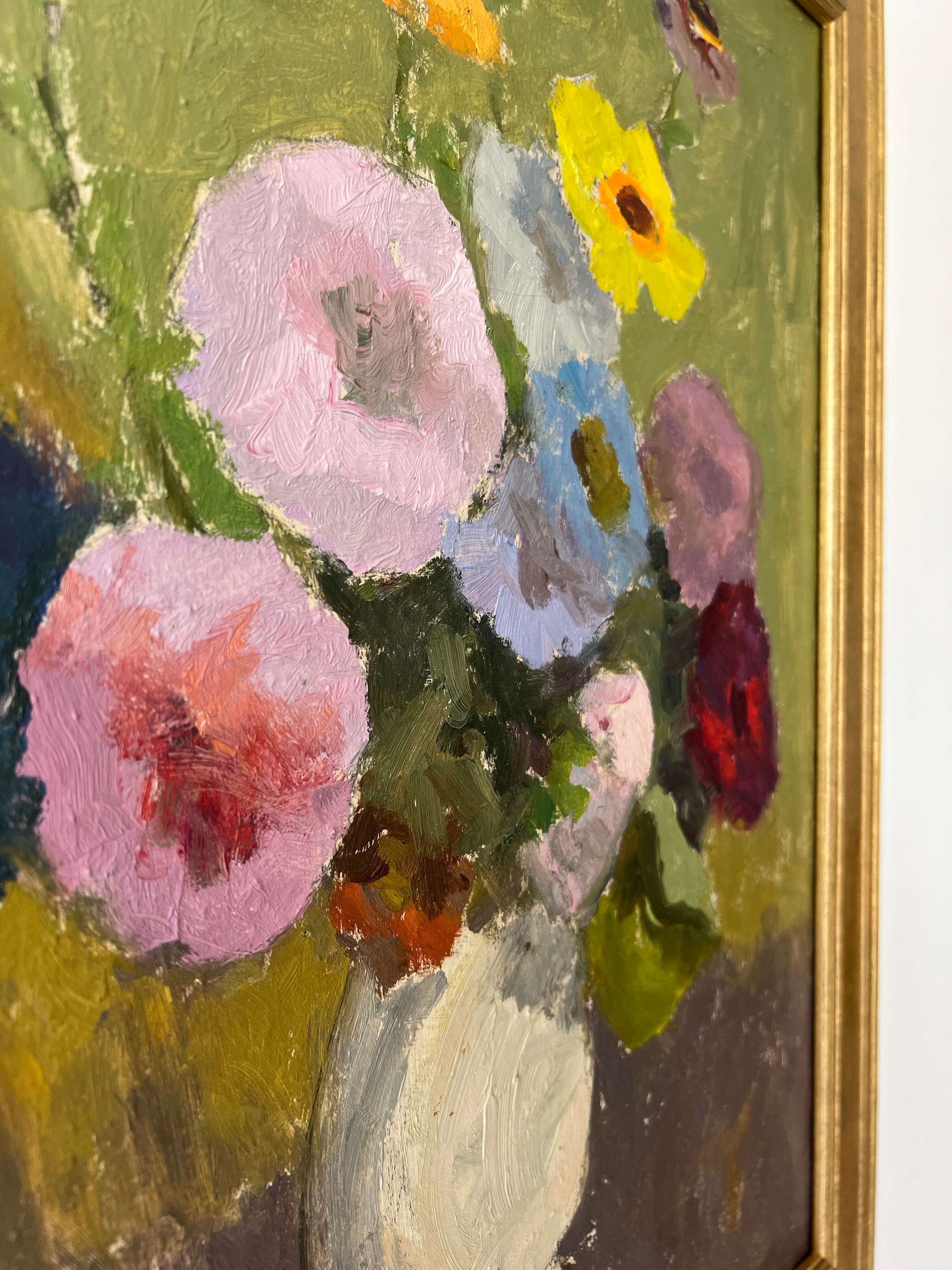 Close up of a framed, vintage, Swedish oil painting of a still life with flowers. Impressionist art. 