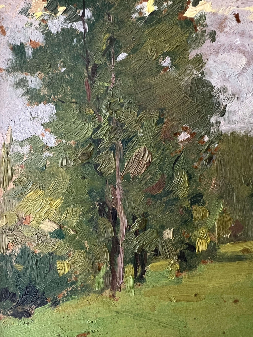 Close up of a framed vintage oil painting of a landscape with trees and a meadow.