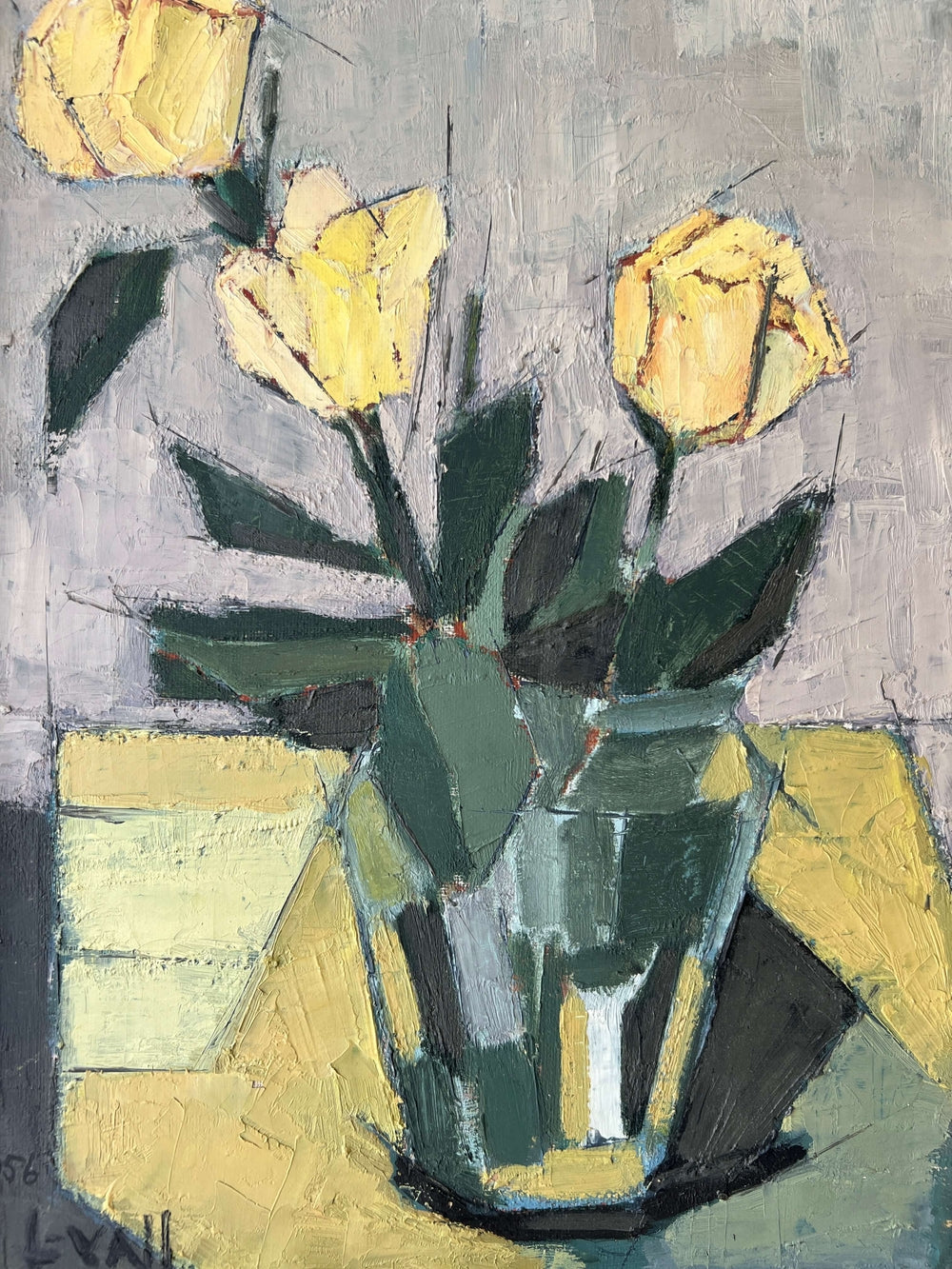 Vintage, framed, impressionist oil painting of yellow roses, flowers in a glass vase.