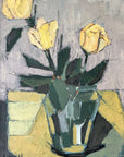 Vintage, framed, impressionist oil painting of yellow roses, flowers in a glass vase.