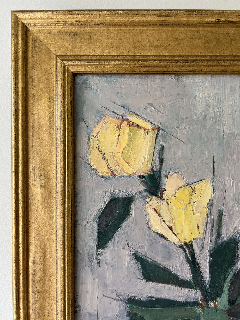 Vintage, framed, impressionist oil painting of yellow roses, flowers in a glass vase.