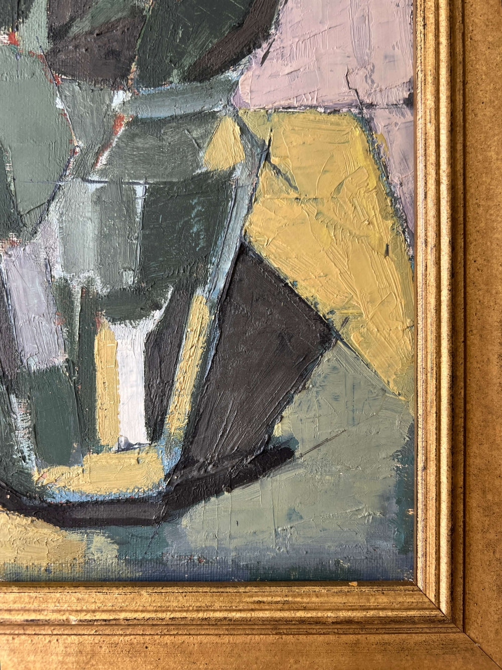 Vintage, framed, impressionist oil painting of yellow roses, flowers in a glass vase.