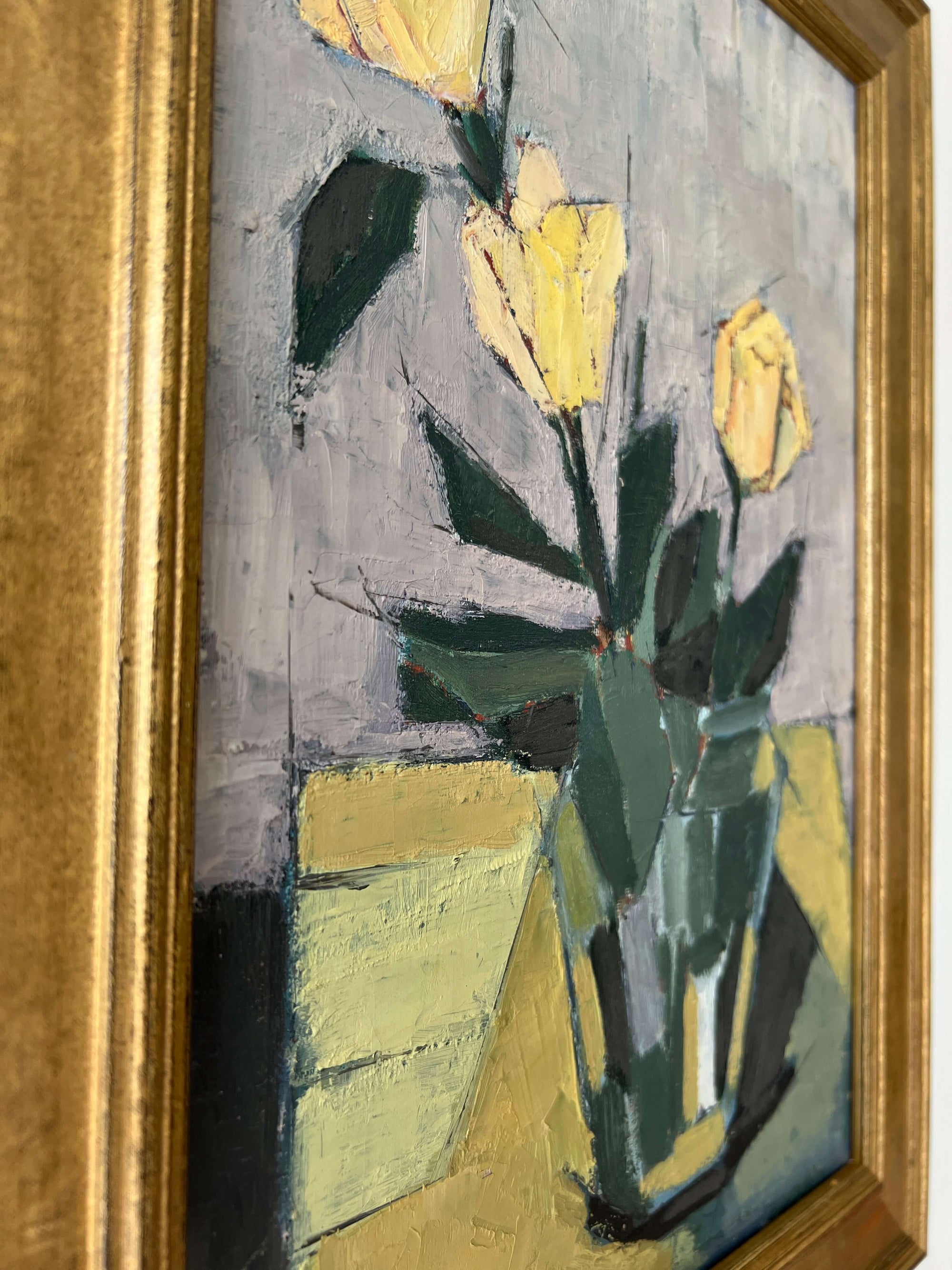 Vintage, framed, impressionist oil painting of yellow roses, flowers in a glass vase.