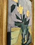 Vintage, framed, impressionist oil painting of yellow roses, flowers in a glass vase.