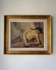A framed vintage oil painting of a reclining nude figurel. The artwork features a textured, painterly style with earthy tones, enclosed in a wide gold frame. Available at Hue.