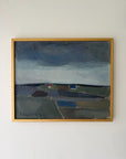 Framed vintage oil painting of an evening landscape scene with blues and greys. Available at Hue. 