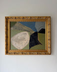 An abstract geometric oil painting in a wide ornate gold frame. The artwork features large organic shapes in cream, black, olive green, blue, and grey. Available at Hue. 