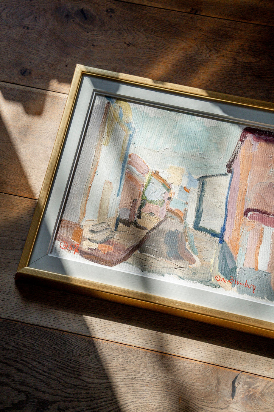 Original French mid-century vintage art depicting a sunlit village street, presented in a vintage gold frame.