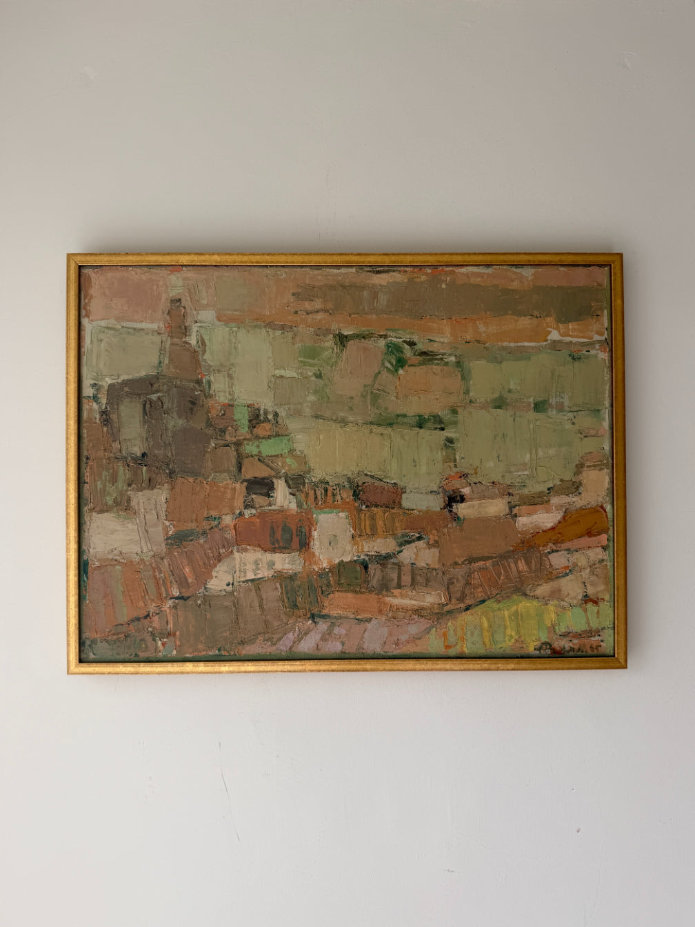 Framed vintage oil painting of an abstract landscape scene in a slim gold frame. Available at Hue. 