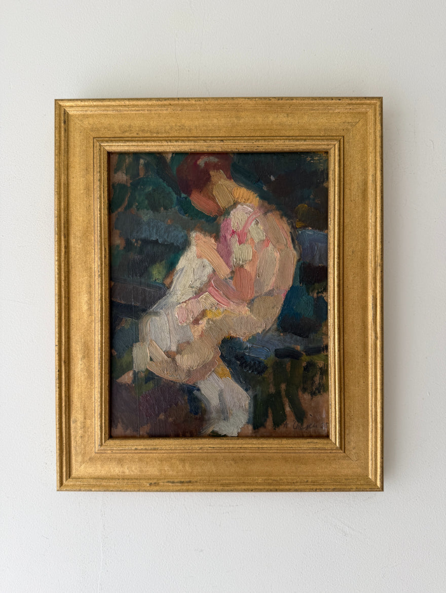A framed vintage oil painting of a seated figure, featuring a textured gold frame. Available at Hue. 
