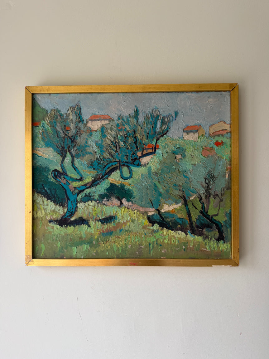 A framed vintage landscape oil painting featuring a stylized olive tree and grassy fields. Available at Hue. 