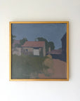 A framed vintage oil painting of French village scene with muted colours in a slim gold frame. Available at Hue. 