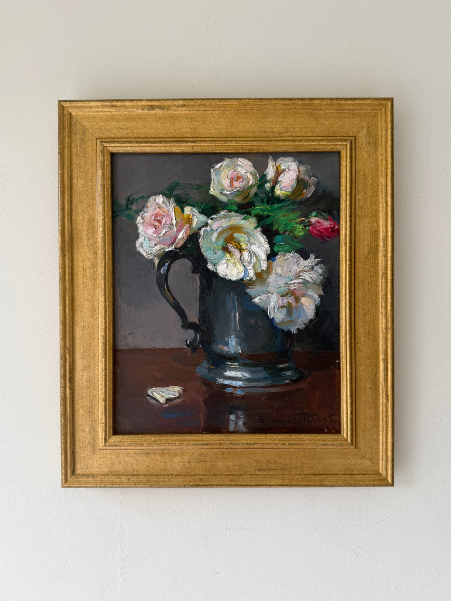 A framed vintage still life oil painting of white and pink roses in a dark blue jug. Professionally re-framed. Available at Hue. 
