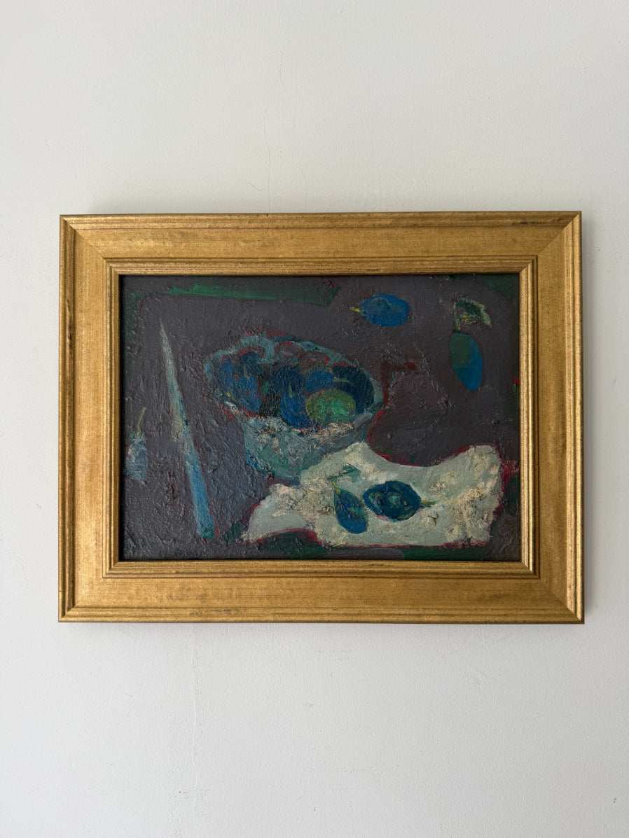 Framed vintage oil painting of an atmospheric still life with a fruit bowl. Available at Hue. 