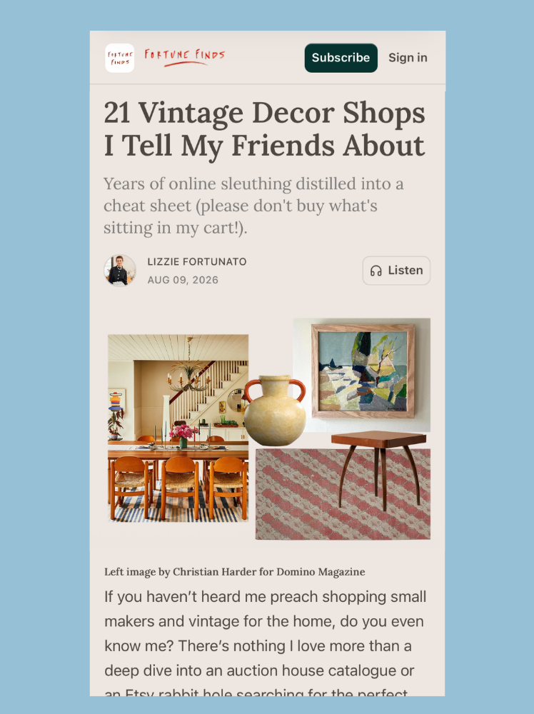 Future Finds press feature naming Hue + Holasz among recommended vintage decor shops for sourcing original vintage art and mid-century pieces.