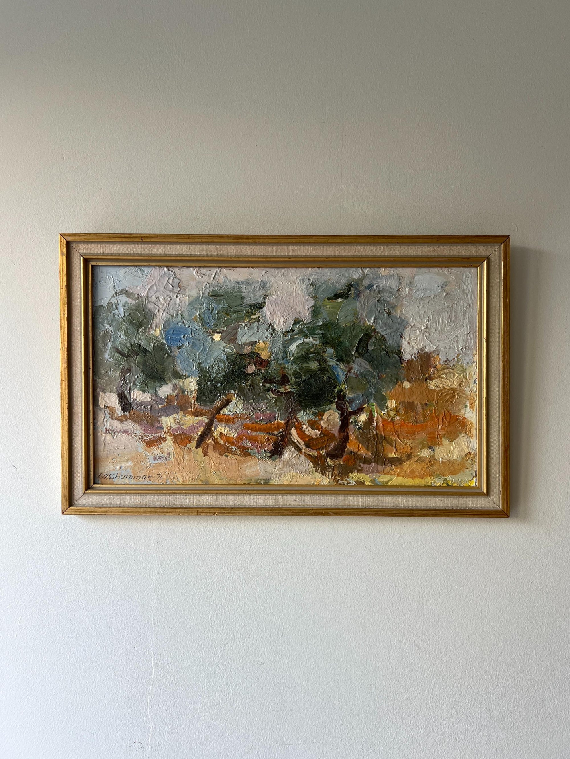 Framed vintage oil painting of a green and golden landscape with trees, available at Hue.
