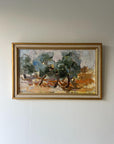 Framed vintage oil painting of a green and golden landscape with trees, available at Hue.