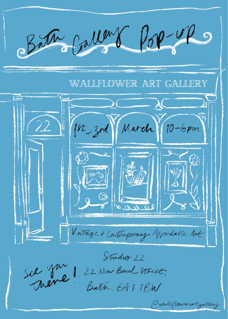 Advertisement for Bath Gallery Pop-up event at Wallflower Art Gallery with a blue background and white text.