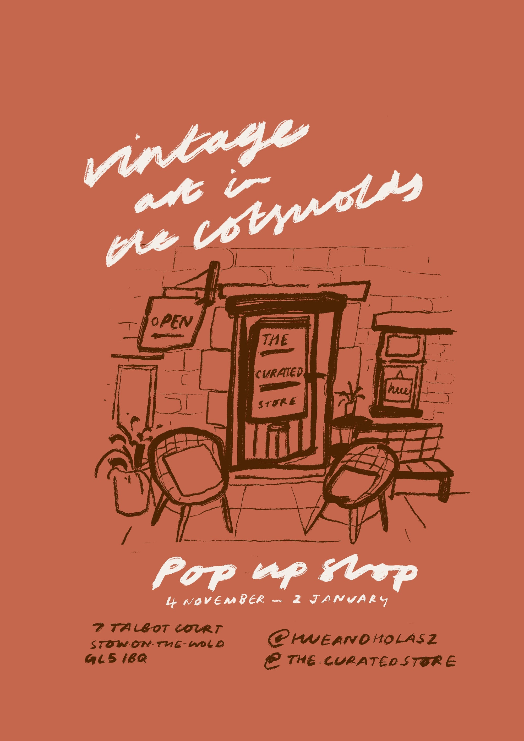 Advertisement for a pop-up store event with a vintage store illustration on a red background.