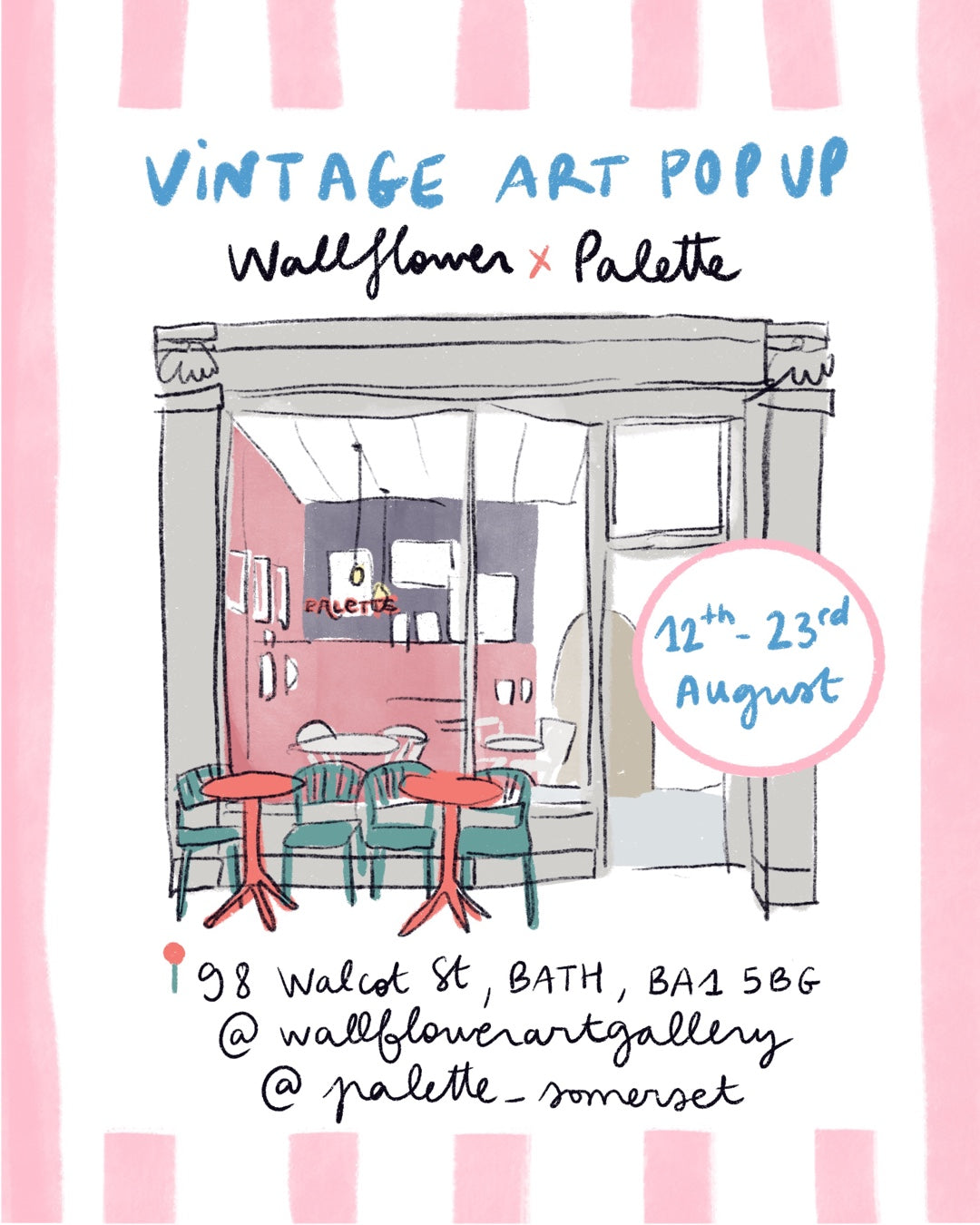 Advertisement for a vintage art popup event featuring a drawing of a cafe interior with pink accents.