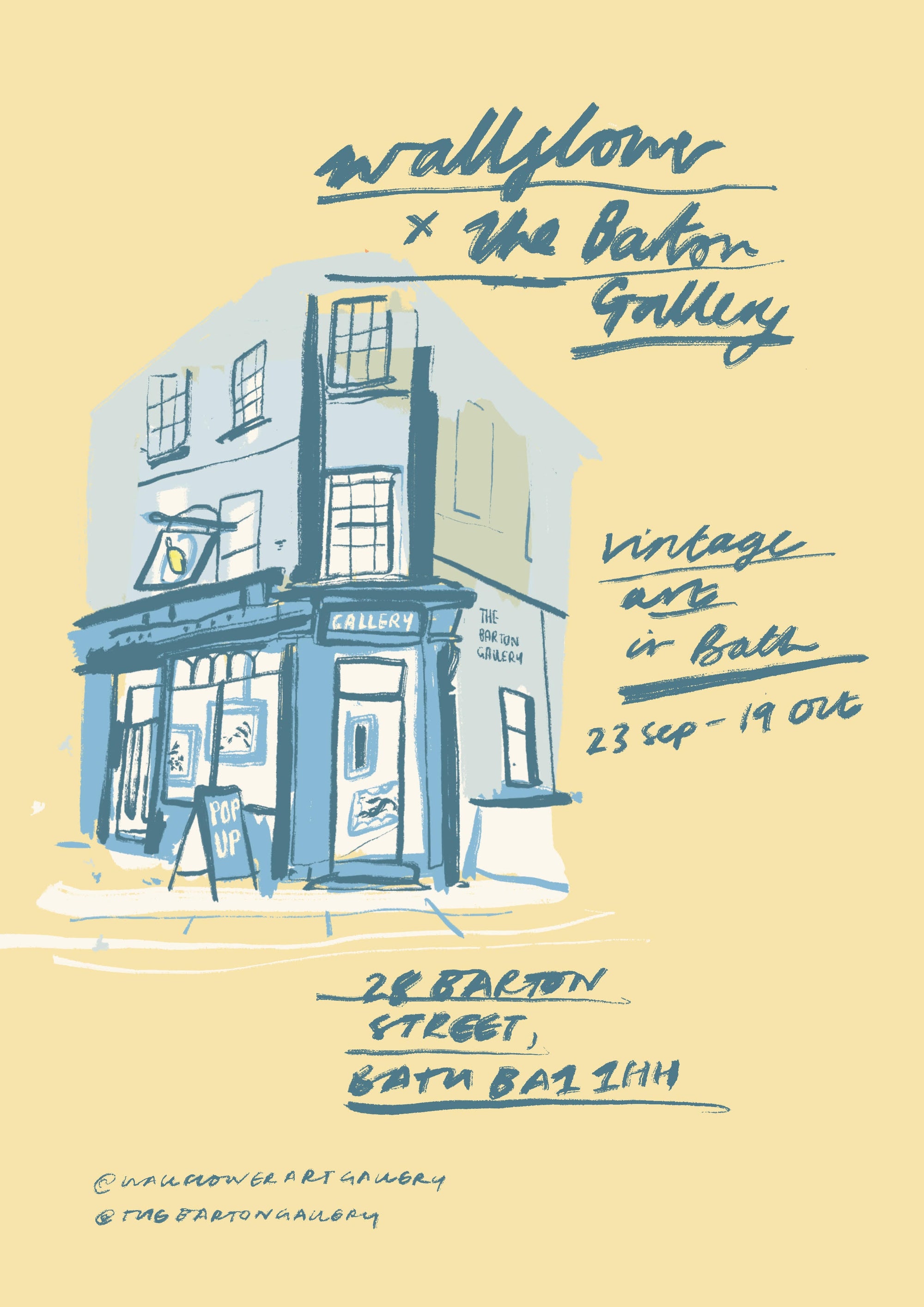 Promotional poster for 'Wallflower x The barton Gallery' event with a building illustration on a yellow background.