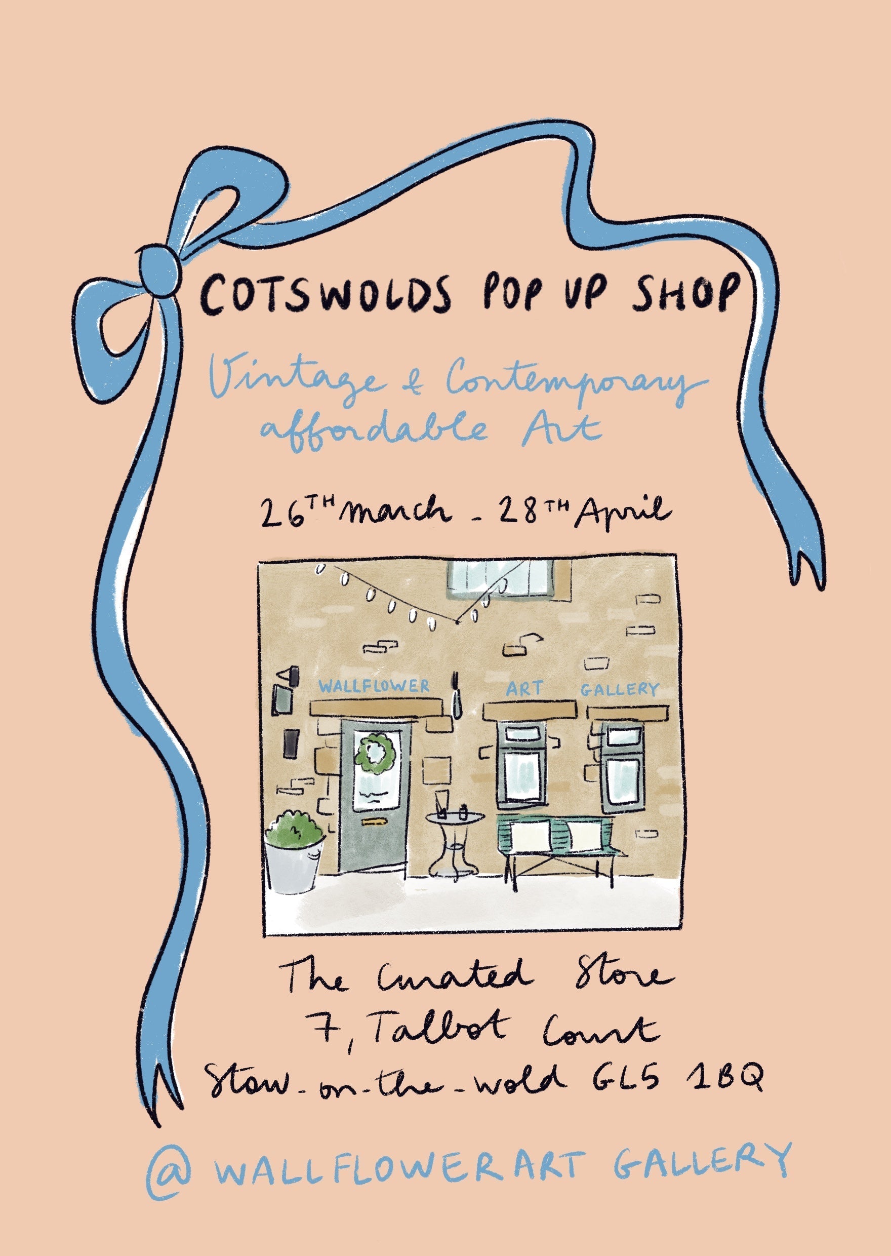Advertisement for Cotswolds Pop Up Shop with a drawing of a store front and a blue ribbon border.