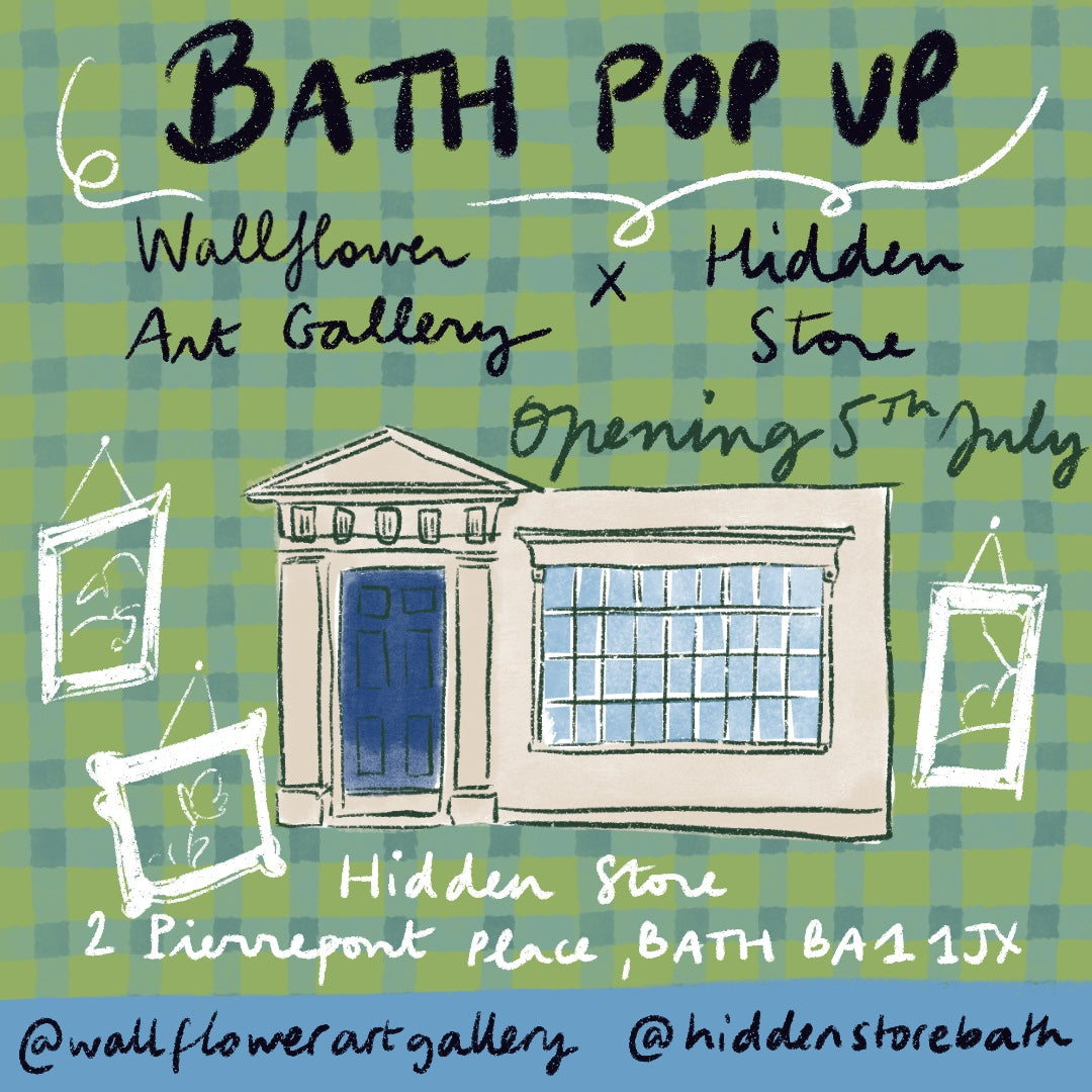 Advertisement for a Bath Pop Up event featuring Wallflower Art Gallery and the Hidden Store in bath on a green checkered background.