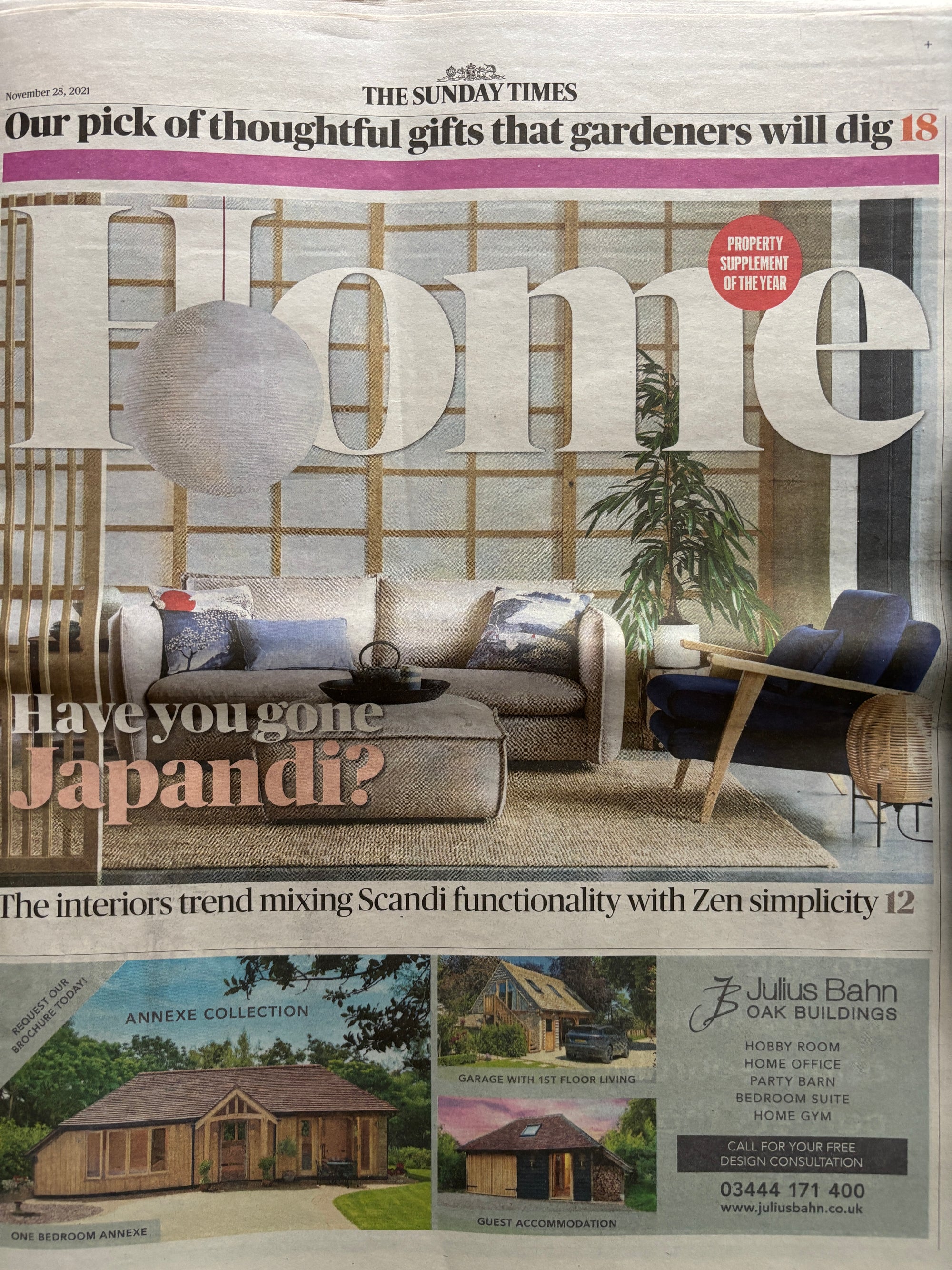 Section of a newspaper with a focus on interior design and home decor, featuring hue and annalise holasz