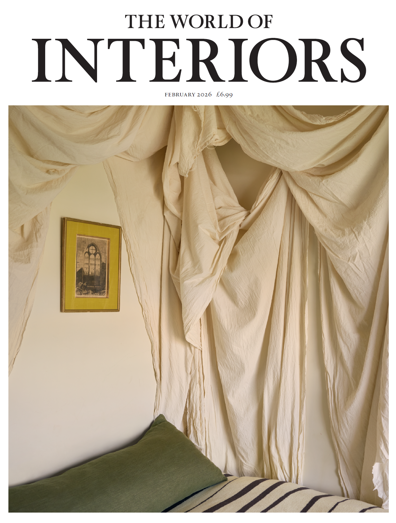 Magazine cover titled 'The World of Interiors' featuring draped curtains and a framed picture.