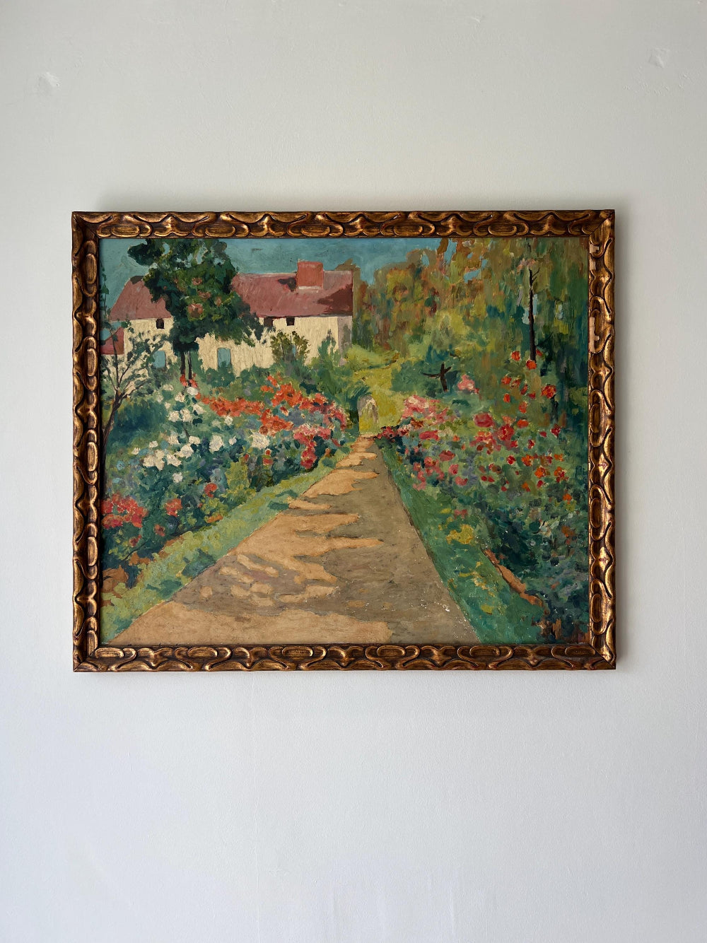 Framed vintage oil painting of a garden scene with flowers and a path in a gilt frame, available at Hue