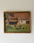 Framed vintage oil  painting of a farm scene with chickens and a barn. Available at Hue.