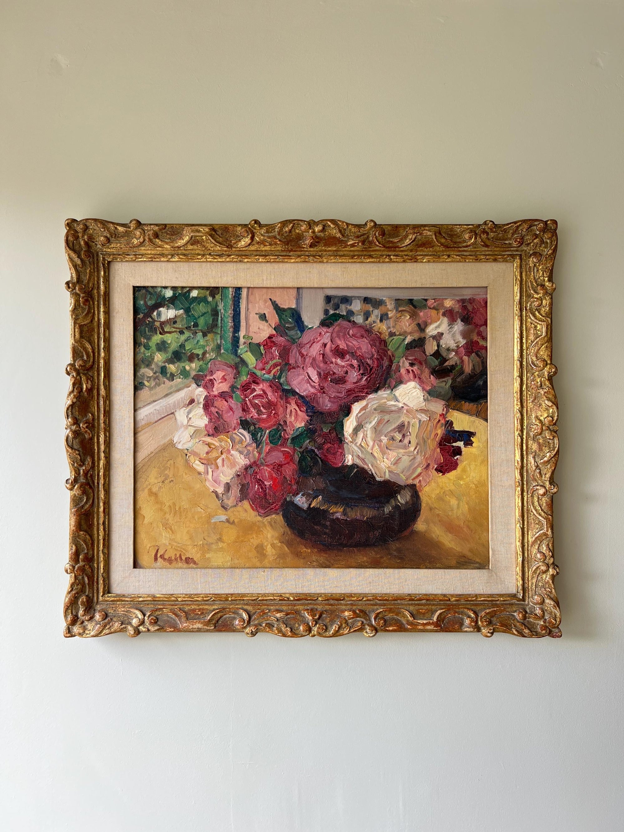 Framed vintage oil painting of pink and white flowers in an ornate gilt frame, available at Hue.