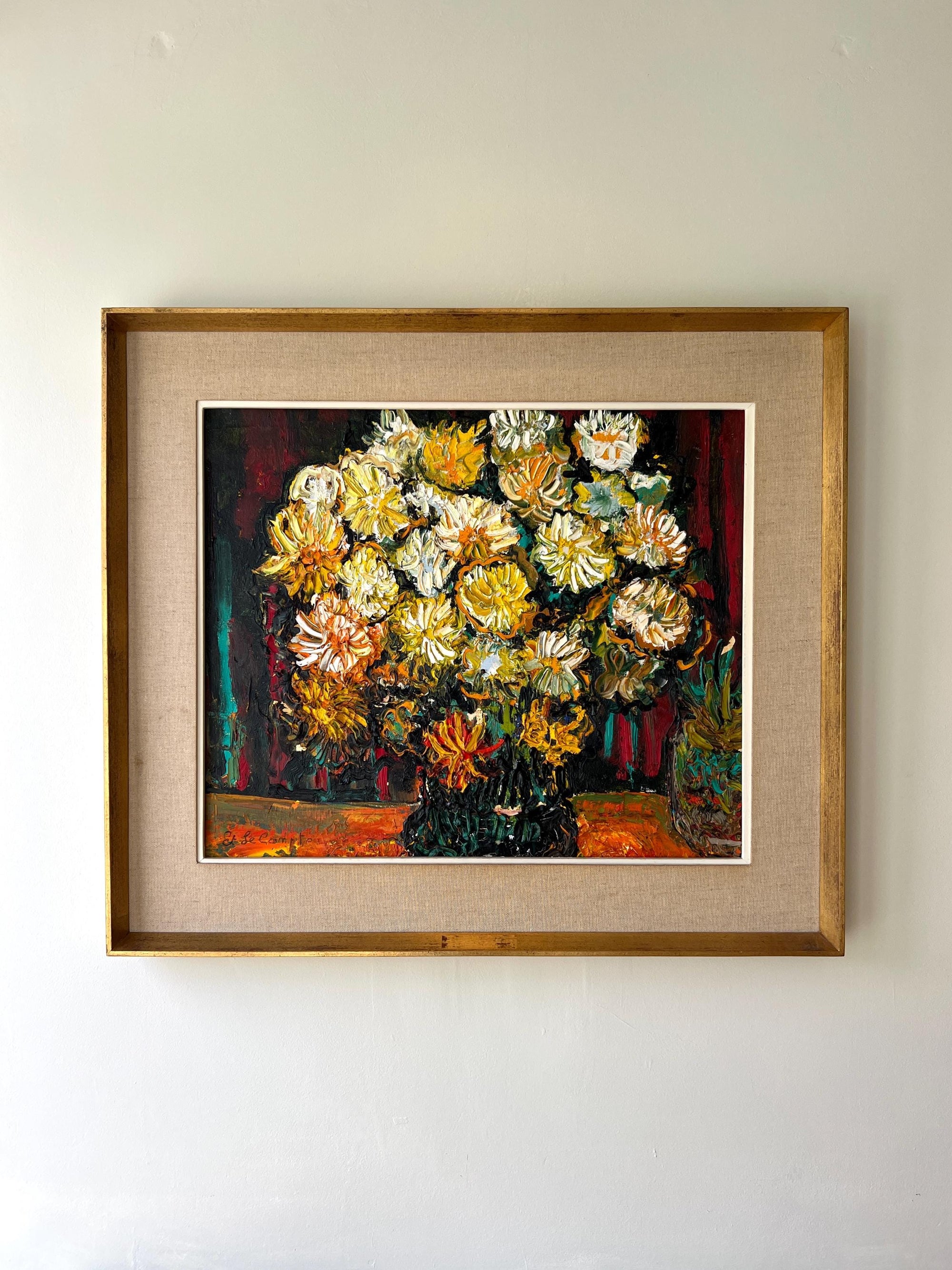 Framed vintage oil painting of a bouquet of yellow and white flowers in a vintage frame with linen mount, available at Hue.