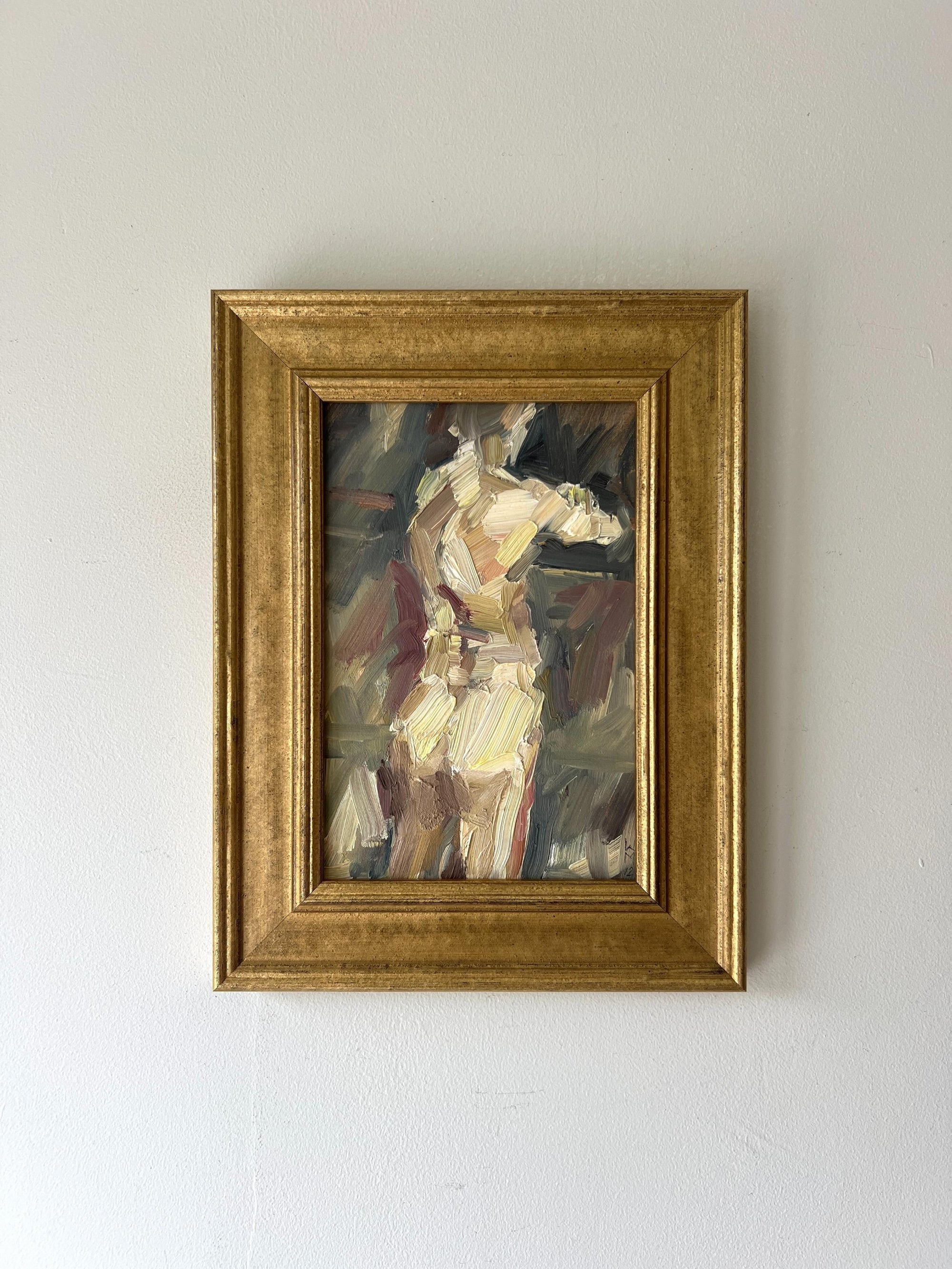 A framed vintage oil painting of standing nude figure painted in expressive brushstrokes. Available at Hue. 