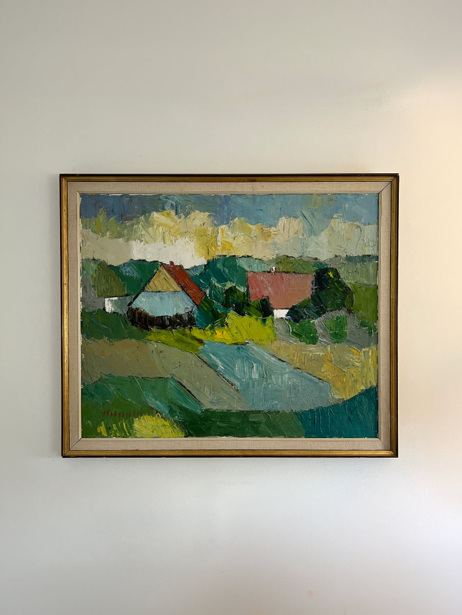 Framed vintage oil painting of a landscape with farm houses. Available at Hue. 