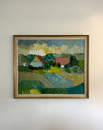 Framed vintage oil painting of a landscape with farm houses. Available at Hue. 
