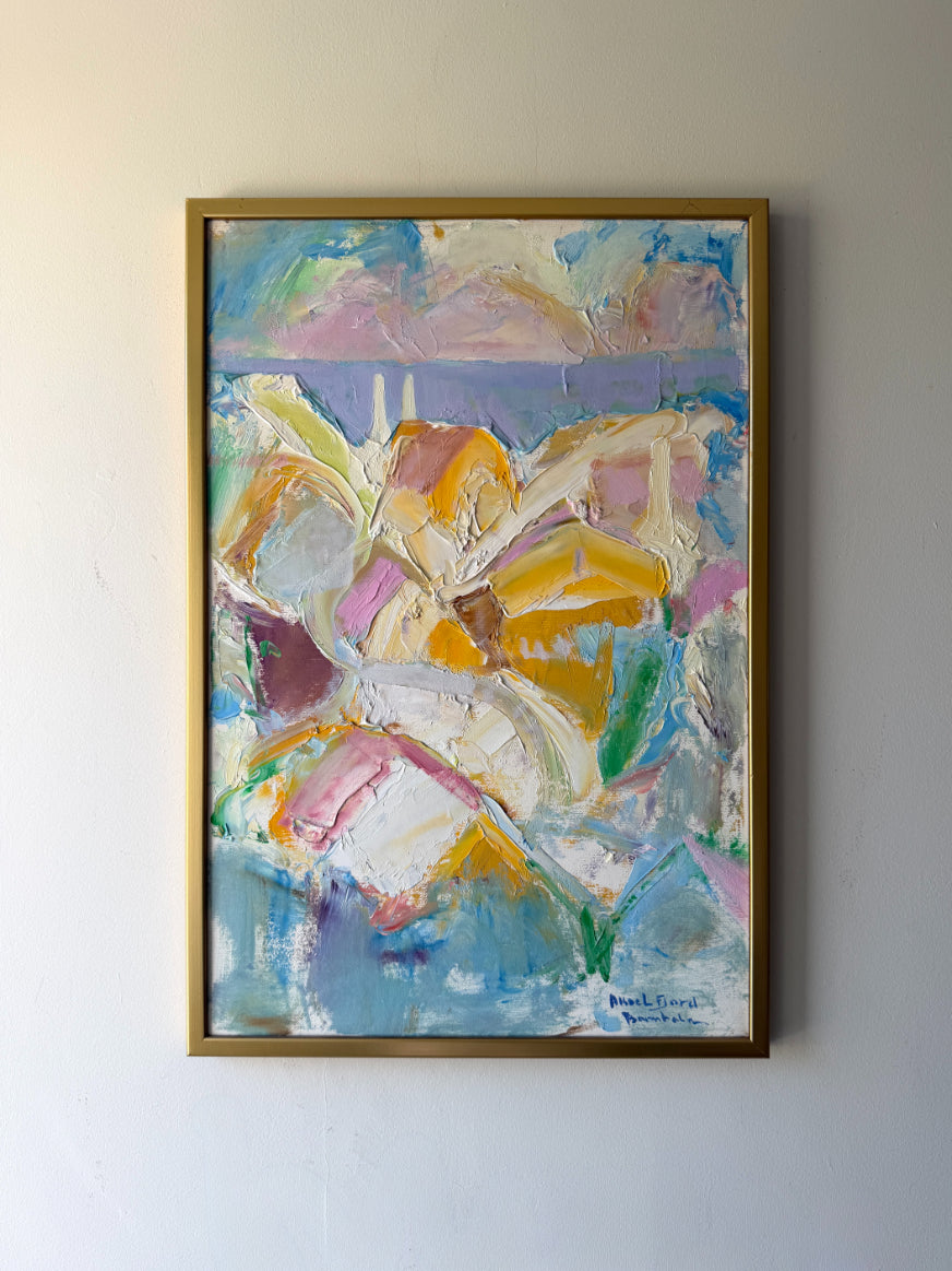 Colorful abstract vintage oil painting in a gold frame. Available at Hue. 