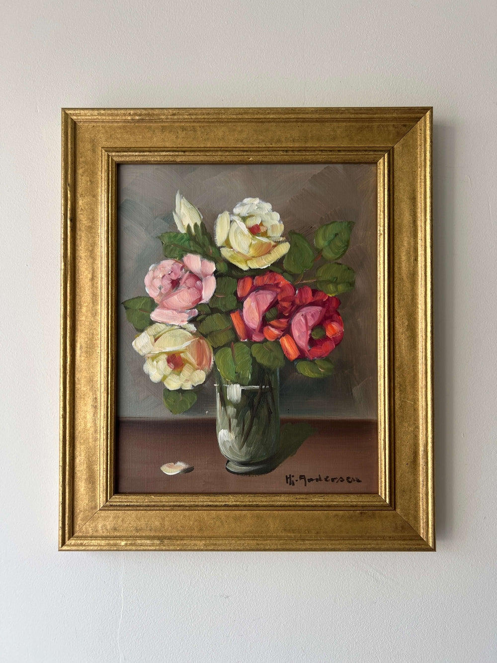 Framed, vintage artwork of roses in a glass vase. Impressionist oil painting, available at Hue.