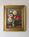 Framed, vintage artwork of roses in a glass vase. Impressionist oil painting, available at Hue.