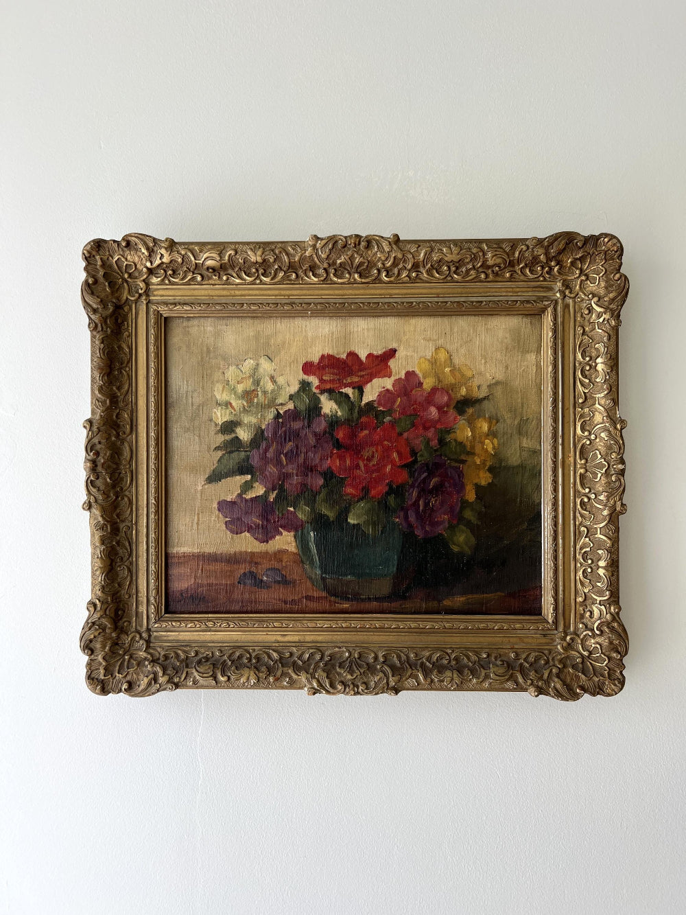 Floral vintage painting in an ornate gilt frame, available at Hue
