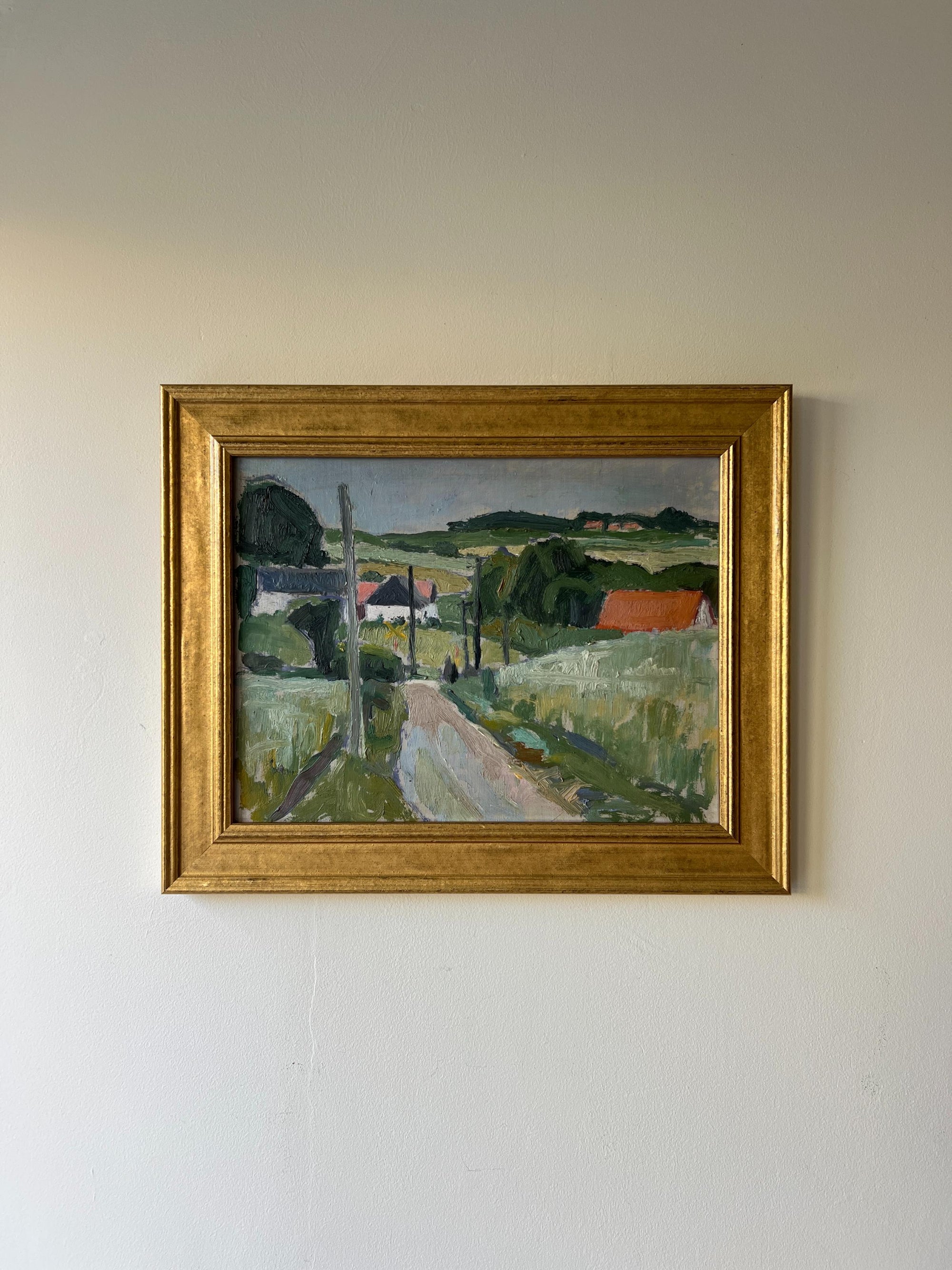 Framed vintage oil painting of a rural farm scene, available at Hue.